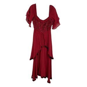 Vintage Na-ta-ya Solid Red Short Sleeve Flutter Dress Cottagecore Medieval Sz S